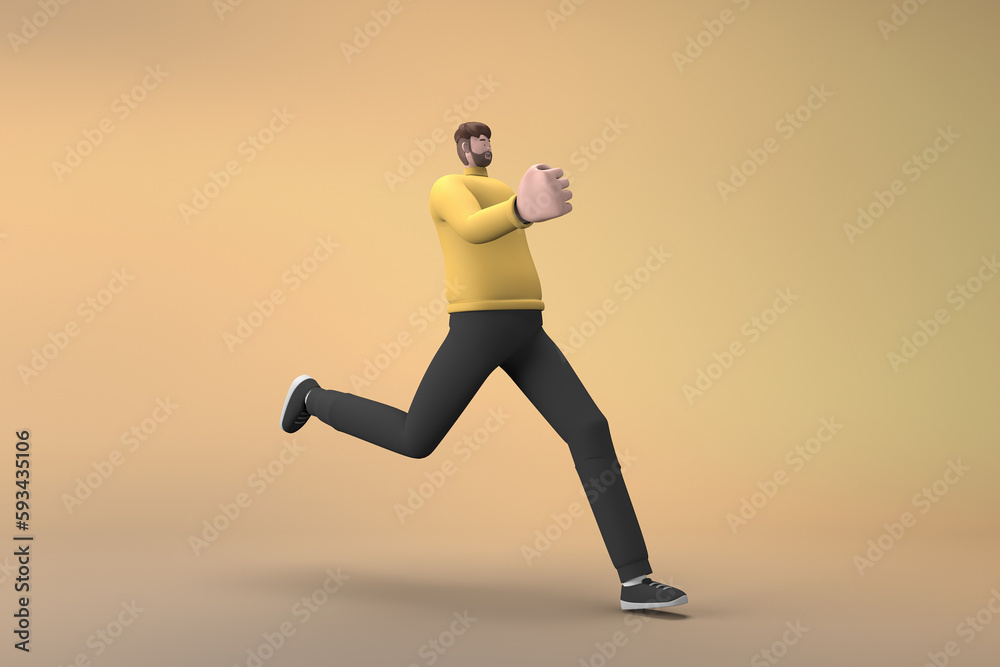 Man in casual clothes making gestures while pushing or running. 3D rendering of a cartoon character