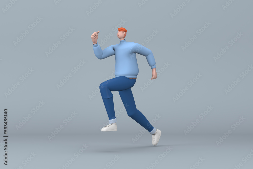 Man in casual clothes making gestures while pushing or running. 3D rendering of a cartoon character Man in casual clothes making gestures while pushing or running. 3D rendering of a cartoon character