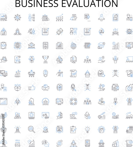 Business evaluation outline icons collection. Business, Evaluation, Rating, Analysis, Assess, Measure, Investigate vector illustration set. Review, Examine, Appraise linear signs