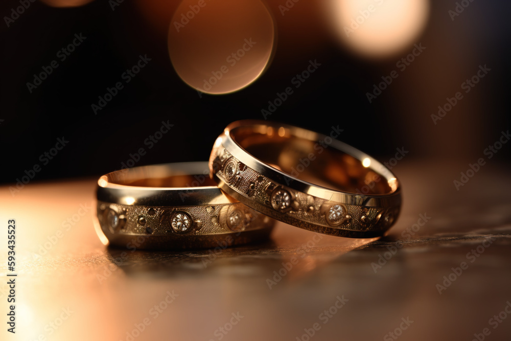 Engagement ring, wedding. Two golden wedding rings, wedding details. Generative ai Engagement ring, wedding. Two golden wedding rings, wedding details. Generative ai