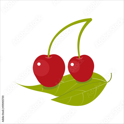 Two cherries lying on the leaves. Flat style cherries on an isolated white background.