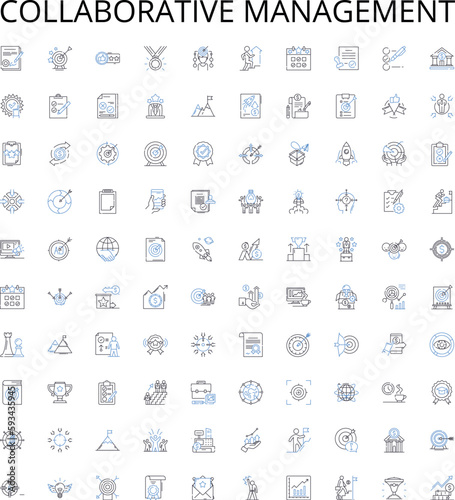 Collaborative management outline icons collection. Cooperation, Teamwork, Sharing, Interdependence, Allocation, Negotiation, Coordination vector illustration set. Participation, Consultation