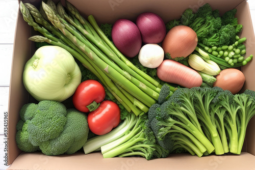 a box of vegetables is open on a table top with a wooden background and a wooden table top with a wooden table.