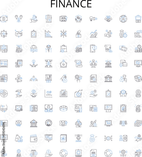 Finance outline icons collection. Money, Financing, Investment, Banking, Accounts, Credit, Budgeting vector illustration set. Wealth, Capital, Stocks linear signs