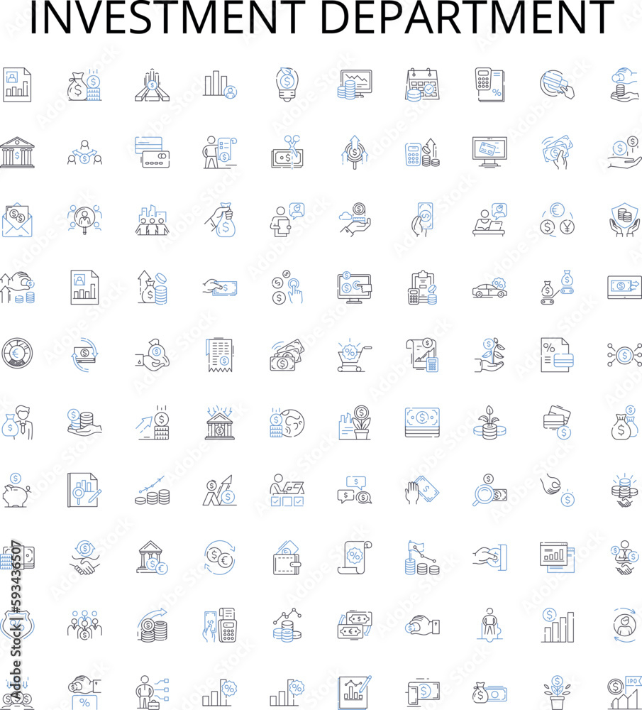 Investment department outline icons collection. Investment, Department, Portfolio, Management, Broker, Asset, Analyst vector illustration set. Fund, Market, Equity linear signs Investment department outline icons collection. Investment, Department, Portfolio, Management, Broker, Asset, Analyst vector illustration set. Fund, Market, Equity linear signs