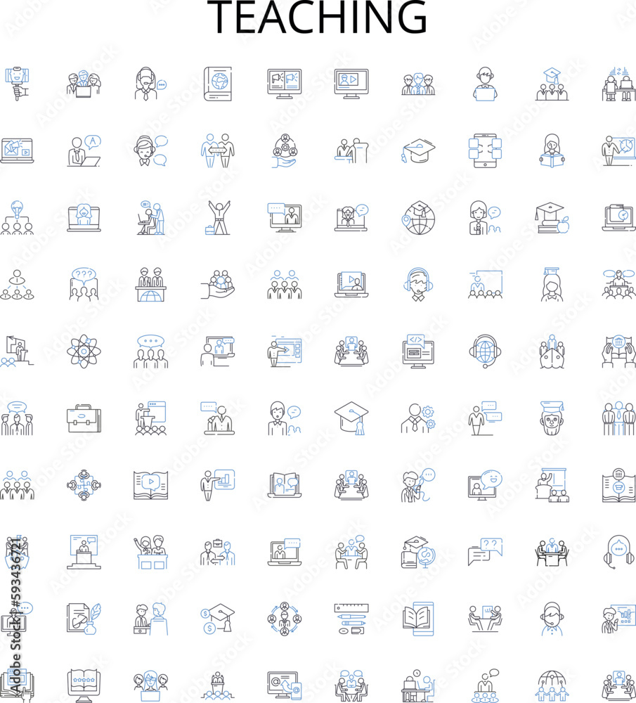 Teaching outline icons collection. Tutor, Instruct, Educate, Guide, Coach, Direct, Lecture vector illustration set. Mentor, School, Teach linear signs Teaching outline icons collection. Tutor, Instruct, Educate, Guide, Coach, Direct, Lecture vector illustration set. Mentor, School, Teach linear signs