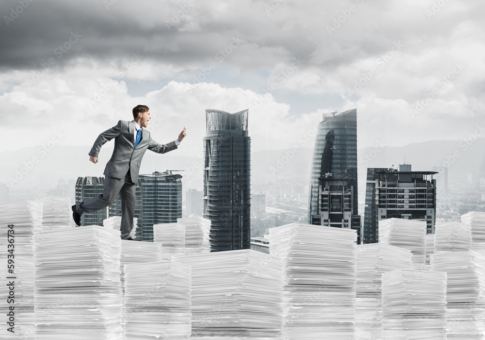 Precise businessman in suit running with phone. Precise businessman in suit running with phone.