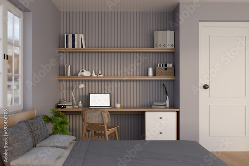 Modern contemporary bedroom interior design with modern built-in workspace against grey wall © bongkarn