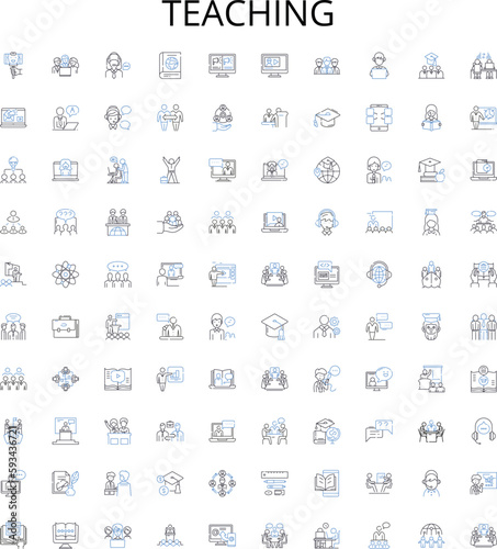 Teaching outline icons collection. Tutor, Instruct, Educate, Guide, Coach, Direct, Lecture vector illustration set. Mentor, School, Teach linear signs