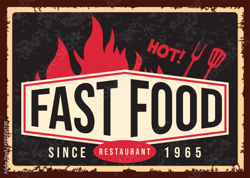 Fast food restaurant vintage tin sign. Food retro vector illustration