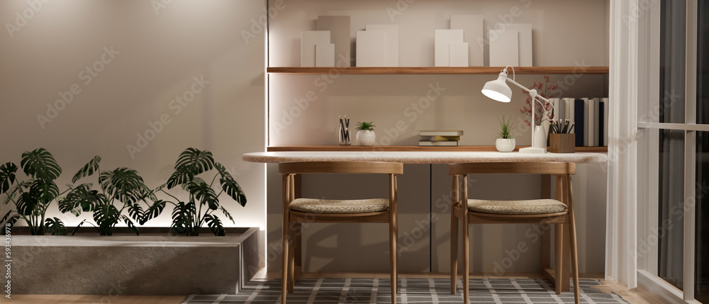 Modern contemporary home workspace interior design with a minimal wood table Modern contemporary home workspace interior design with a minimal wood table