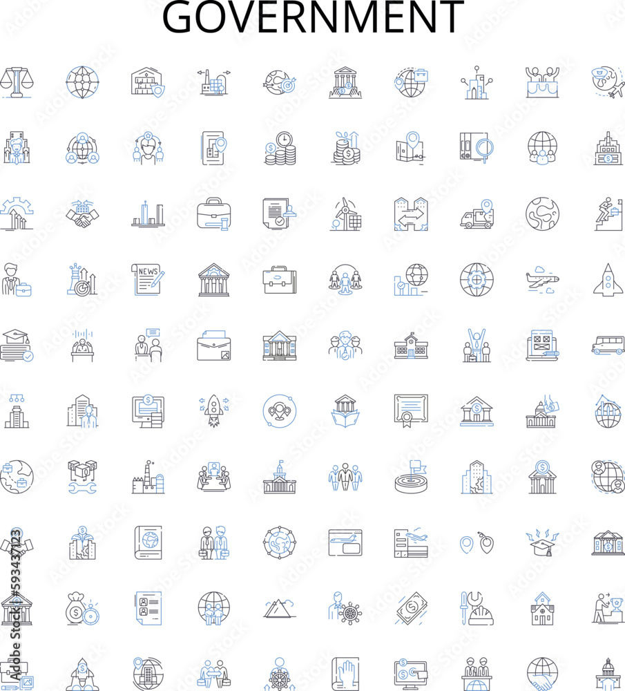 Government outline icons collection. Authority, Legislation, Bureaucracy, Democracy, Regulation, Rule, Security vector illustration set. Economics, Politics, Law linear signs