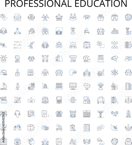Professional education outline icons collection. Professional, Education, Training, Coaching, Courses, Qualification, Diploma vector illustration set. Certification, Development, Instruction linear