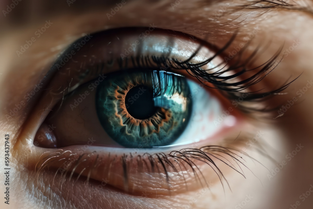 Detailed macro view of a beautiful female eye in stunning blue color. Close-up of the iris, pupil and lashes with focus on the optical anatomy. Perfect of beauty and anatomy. AI Generative. Detailed macro view of a beautiful female eye in stunning blue color. Close-up of the iris, pupil and lashes with focus on the optical anatomy. Perfect of beauty and anatomy. AI Generative.