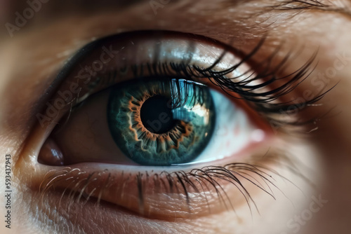 Detailed macro view of a beautiful female eye in stunning blue color. Close-up of the iris, pupil and lashes with focus on the optical anatomy. Perfect of beauty and anatomy. AI Generative.