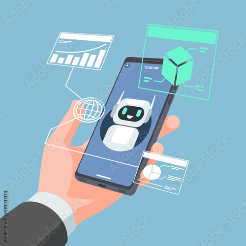 Chatbot assistant application on a computer smartphone. Artificial intelligence help service for business data. Chat bot by ai. Vector illustration flat design for banner, poster, and background.