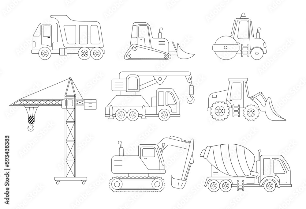 Construction excavation, road roller, crane and truck. Outline illustrations set isolated on white.