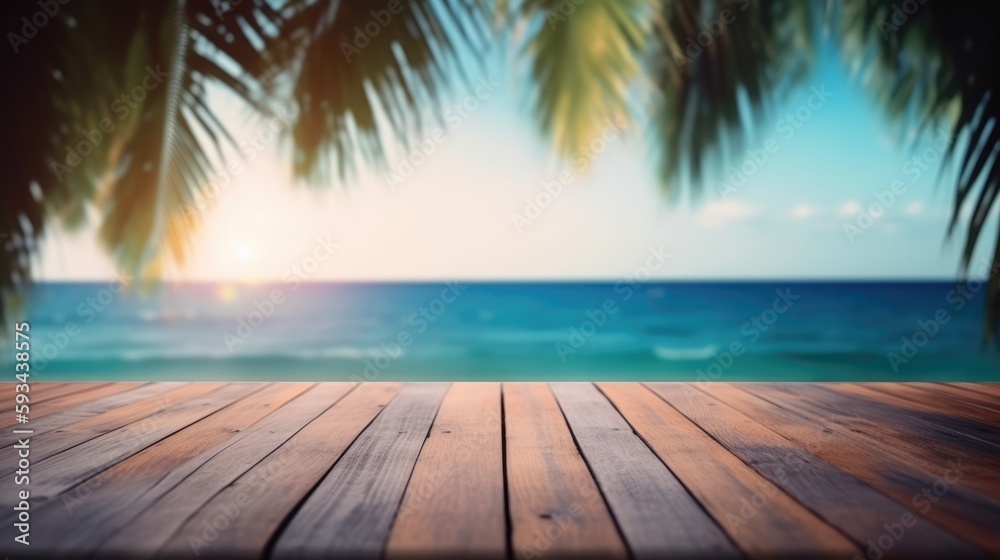Summer Sea With Leaves Palm Wooden Plank In Sea Landscape ,Generative AI Summer Sea With Leaves Palm Wooden Plank In Sea Landscape ,Generative AI