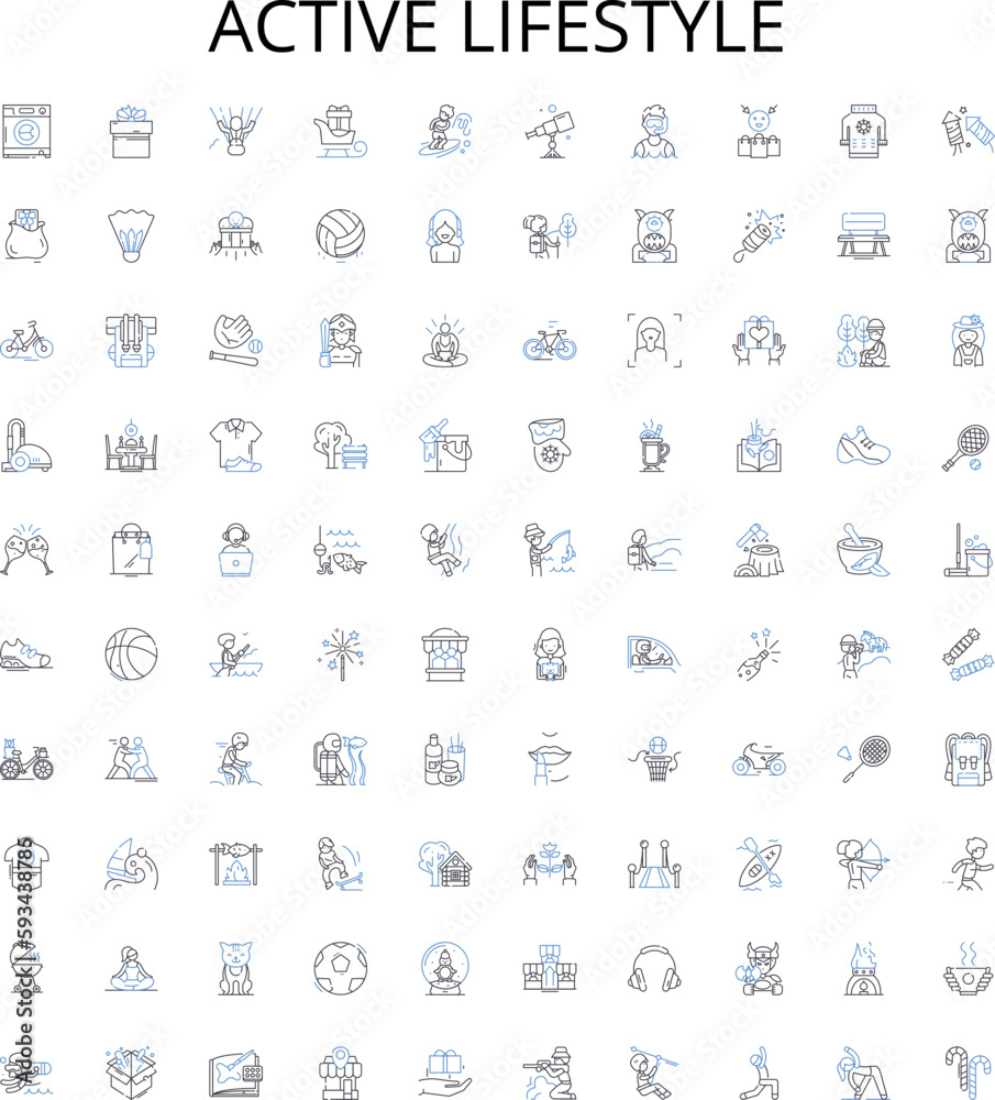 Active lifestyle outline icons collection. Active, Lifestyle, Exercising, Healthy, Walking, Running, Jogging vector illustration set. Cycling, Swimming, Fitness linear signs Active lifestyle outline icons collection. Active, Lifestyle, Exercising, Healthy, Walking, Running, Jogging vector illustration set. Cycling, Swimming, Fitness linear signs