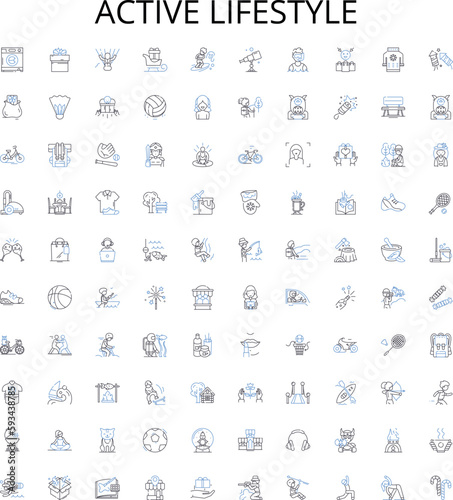 Active lifestyle outline icons collection. Active, Lifestyle, Exercising, Healthy, Walking, Running, Jogging vector illustration set. Cycling, Swimming, Fitness linear signs