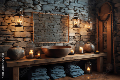 A rustic bathroom with a stone wall. generative AI © Hatia