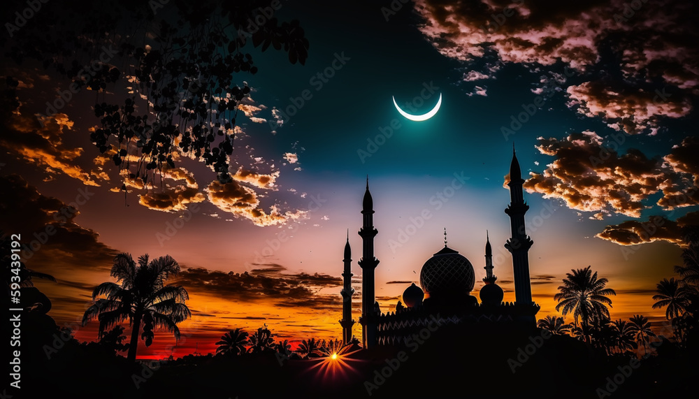 Mosque sunset sky, moon, holy night, islamic night and silhouette mosque, islamic wallpaper. Generative AI.