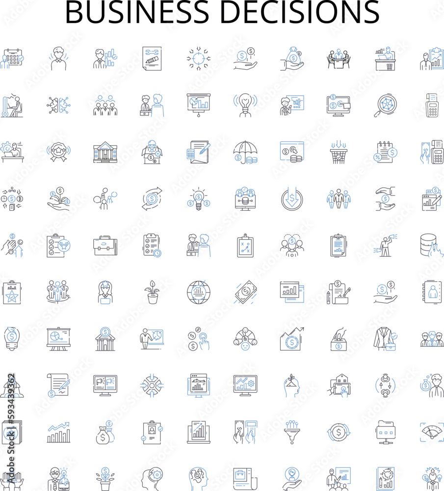 Business decisions outline icons collection. Strategy, Planning, Solutions, Risk, Analysis, Measurement, Investment vector illustration set. Budgeting, Profitability, Performance linear signs Business decisions outline icons collection. Strategy, Planning, Solutions, Risk, Analysis, Measurement, Investment vector illustration set. Budgeting, Profitability, Performance linear signs