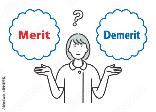 Merit / Demerit：メリットとデメリットを比べて悩む若い女性看護師