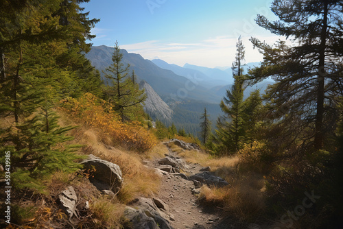 Mountain landscape, path between trees and plants. Hiking. generate by ai