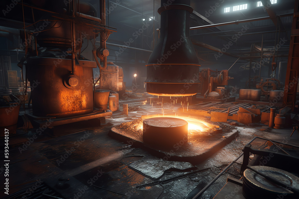 A steel mill with molten metal. generative AI A steel mill with molten metal. generative AI
