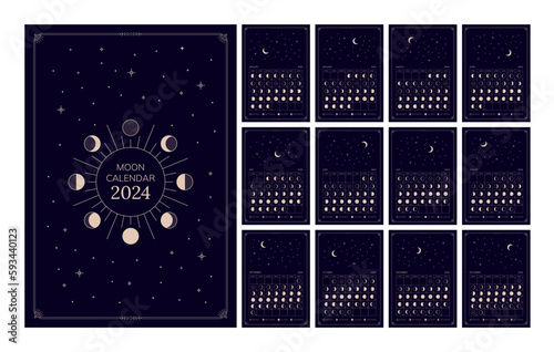 Moon calendar for 2024 year, lunar phases schedule and cycles monthly planner template. Astrological lunar stages calendar banner, card, poster vector illustration