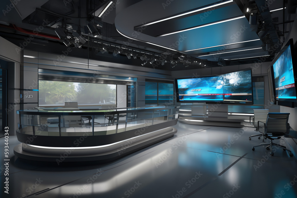 Obraz premium A TV news studio with anchor desks and cameras. generative AI