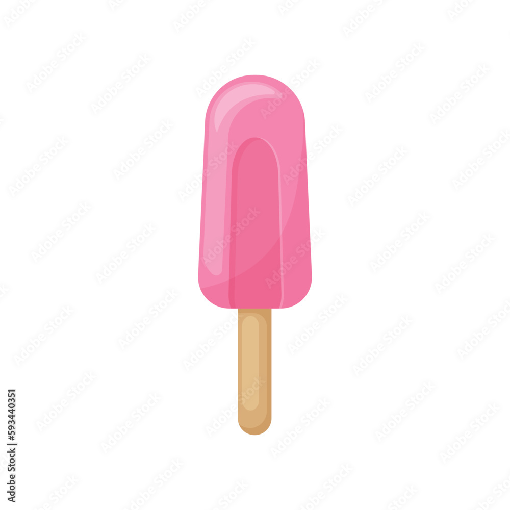 Ice cream. Popsicle on a stick. Pink popsicle in cartoon style. Frozen dessert. Vector illustration isolated on a white background Ice cream. Popsicle on a stick. Pink popsicle in cartoon style. Frozen dessert. Vector illustration isolated on a white background