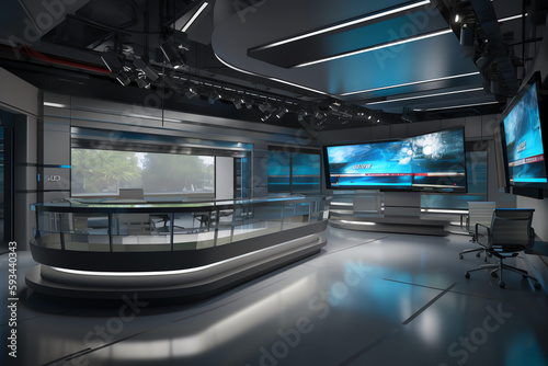 A TV news studio with anchor desks and cameras. generative AI