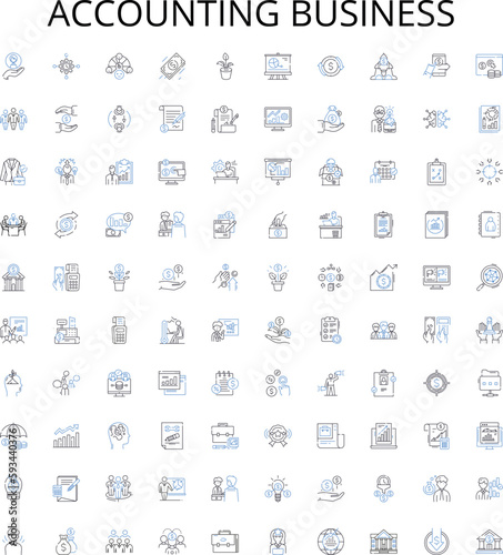 Accounting business outline icons collection. Accounting, Business, Finances, Taxation, Clientele, Records, Profitability vector illustration set. Auditing, Returns, Transactions linear signs