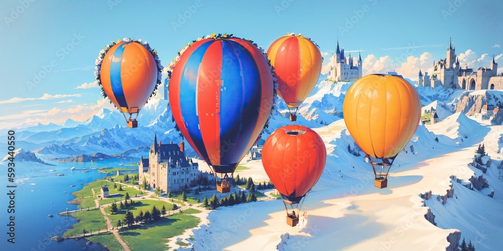 Fototapeta premium anime style landscape background, hot air balloons, hotair balloon, castle, field, snow, hill, mountain, blue sky, sunny, generative ai, generative, ai