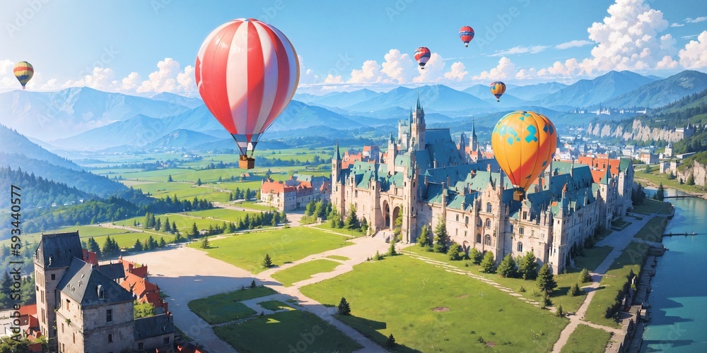 Obraz premium anime style landscape background, hot air balloons, hotair balloon, castle, field, snow, hill, mountain, blue sky, sunny, generative ai, generative, ai