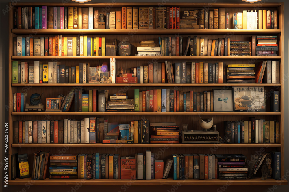 A wall-mounted bookshelf filled with hardcover. generative AI A wall-mounted bookshelf filled with hardcover. generative AI