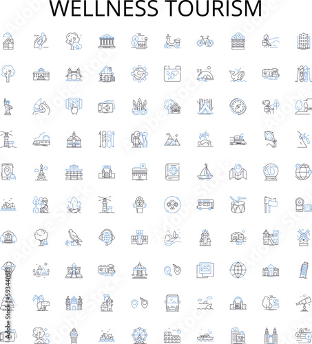 Wellness tourism outline icons collection. Wellness, Tourism, Health, Vacation, Retreat, Relaxation, Adventure vector illustration set. Escape, Yoga, Fitness linear signs