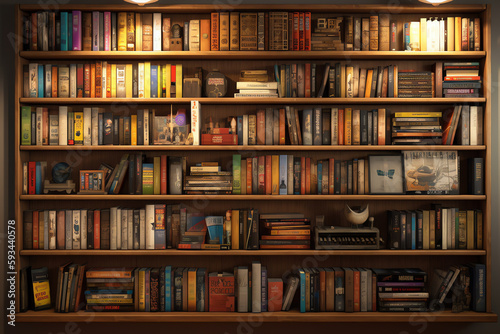 A wall-mounted bookshelf filled with hardcover. generative AI