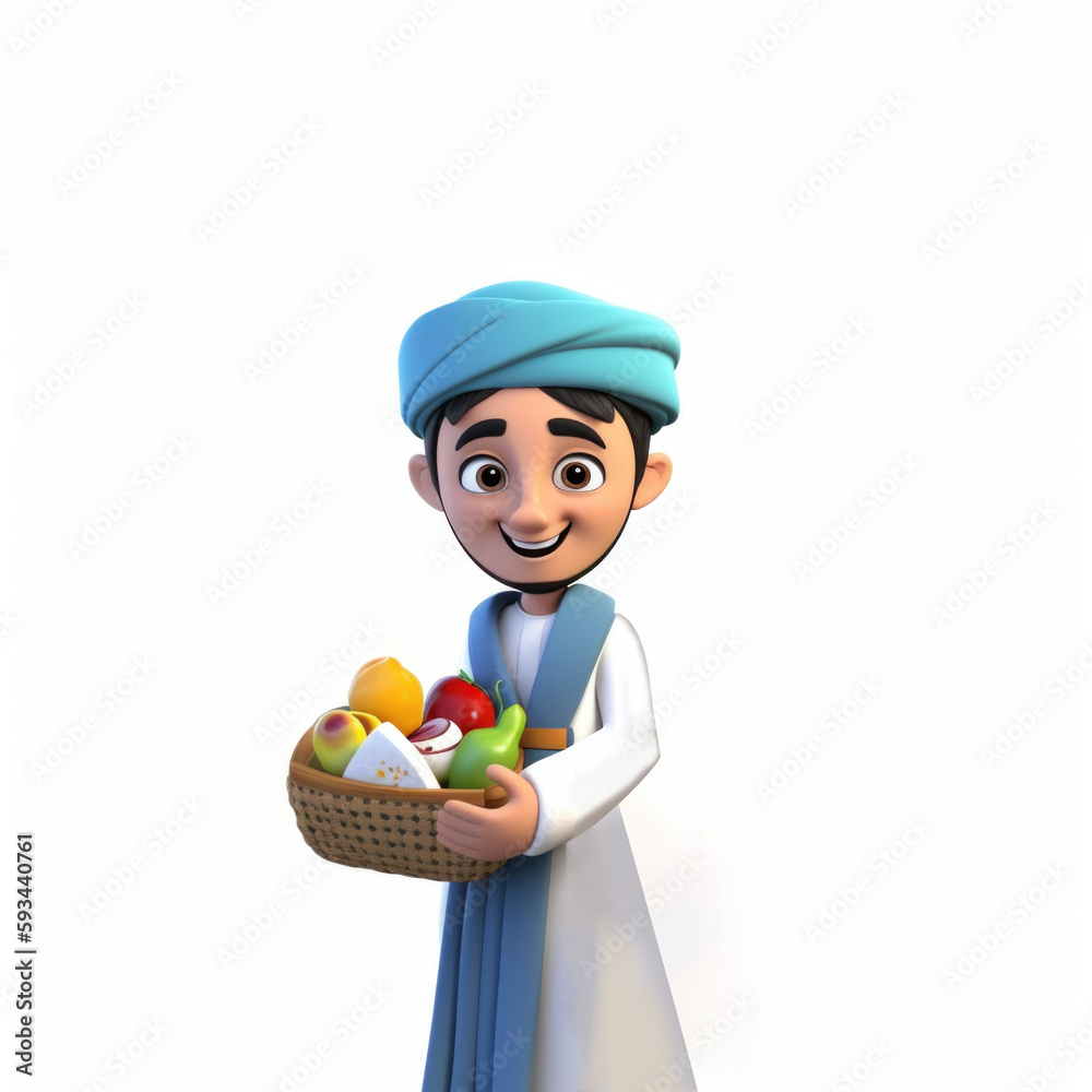 Adorable Cheerful Muslim Man Holding Wicker Basket of Organic Food. Generative AI. Adorable Cheerful Muslim Man Holding Wicker Basket of Organic Food. Generative AI.