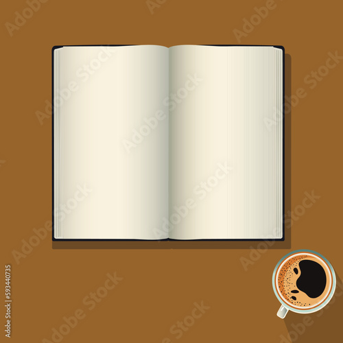 Top View of Blank Open Book With Tea Or Coffee Cup Element On Brown Background.