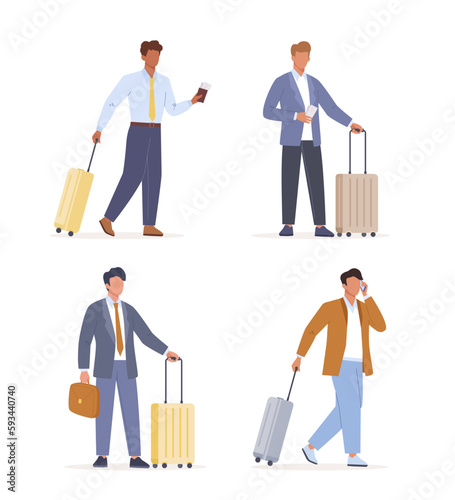 Businessmen on a business trip with suitcases. Set of male characters wear suit walk with luggage, passport, ticket