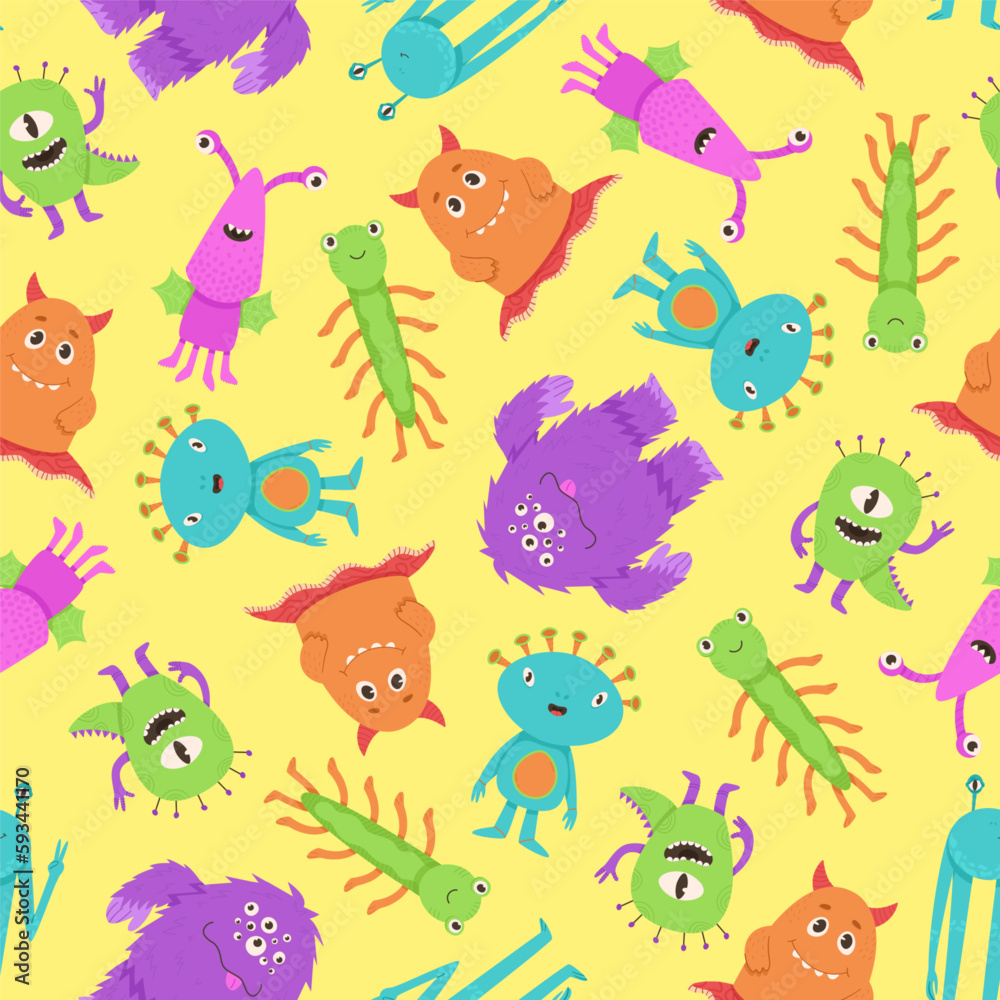 Obraz premium Colorful seamless pattern with cute aliens. Funny monsters on the yellow background. Vector illustration in a flat style. Pattern for wallpaper, fabric and kids items