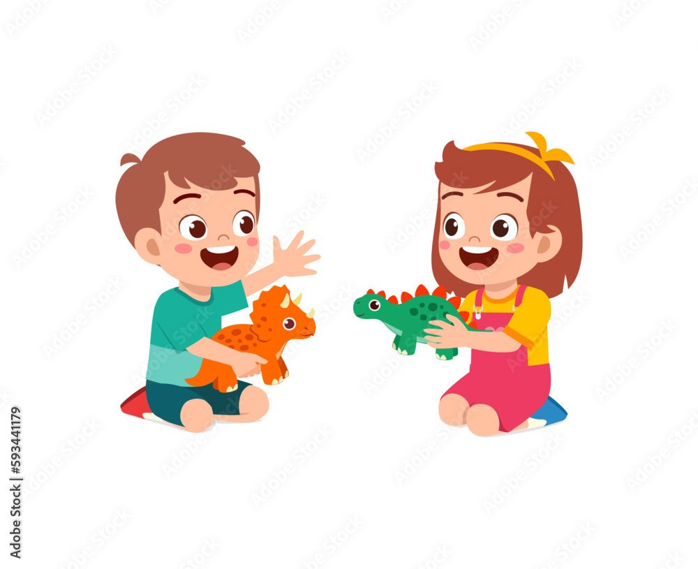 little kid play a dinosaur toy with friend and feel happy Stock Vector ...