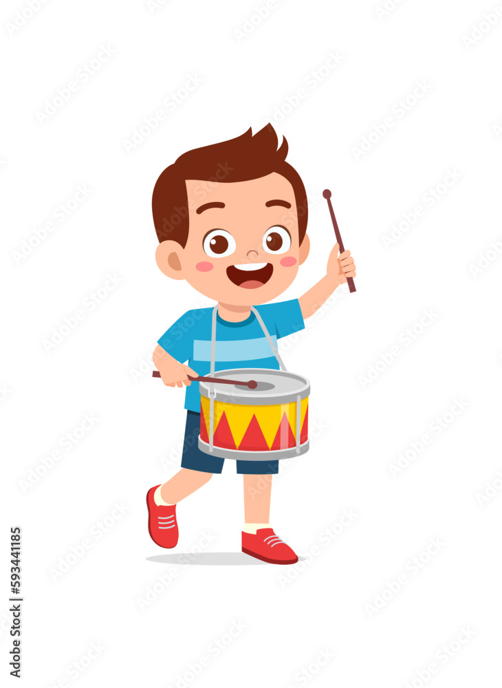 little kid playing one drum and feel happy