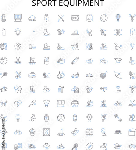 Sport equipment outline icons collection. Racket, Shoes, Gloves, Balls, Uniform, Locker, Racquets vector illustration set. Bat, Pads, Helmet linear signs