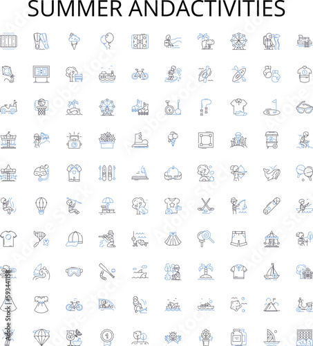 Summer andactivities outline icons collection. Swimming, Hiking, Camping, Boating, Surfing, Fishing, Kayaking vector illustration set. Biking, Climbing, Sunbathing linear signs