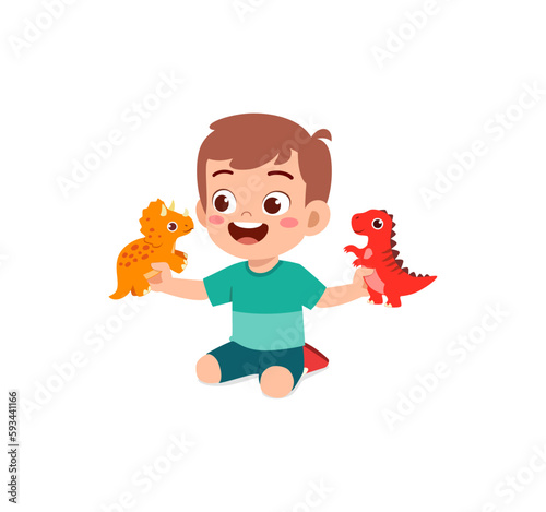 little kid play with dinosaur toy and feel happy