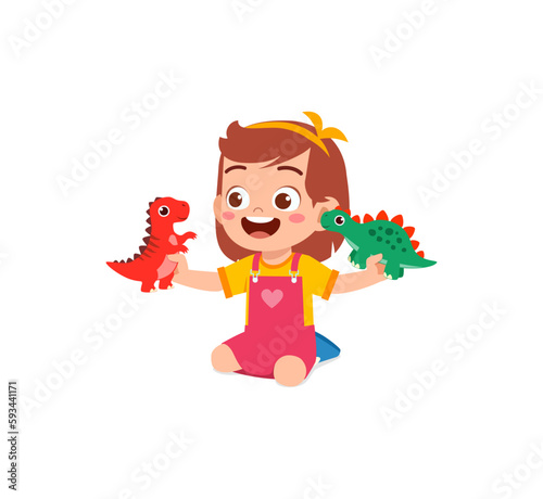 little kid play with dinosaur toy and feel happy